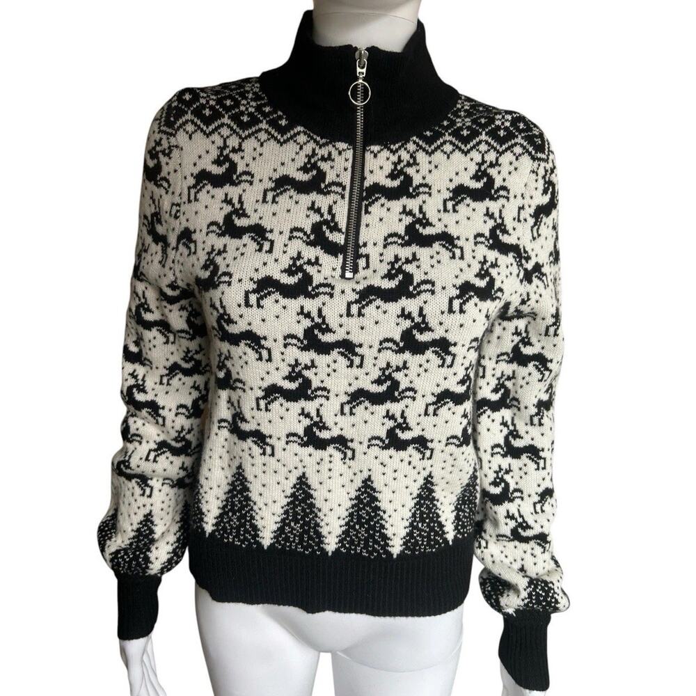 LOFT Sweater Womens XS NWT Reindeer Fair Isle Wool Blend Quarter Zip Nordic